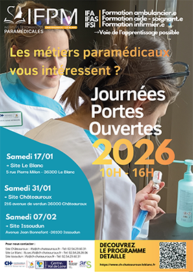 Découvrez les Journées Portes Ouvertes 2026 des formations paramédicales à Châteauroux, Le Blanc et Issoudun : infirmier, aide-soignant et ambulancier.