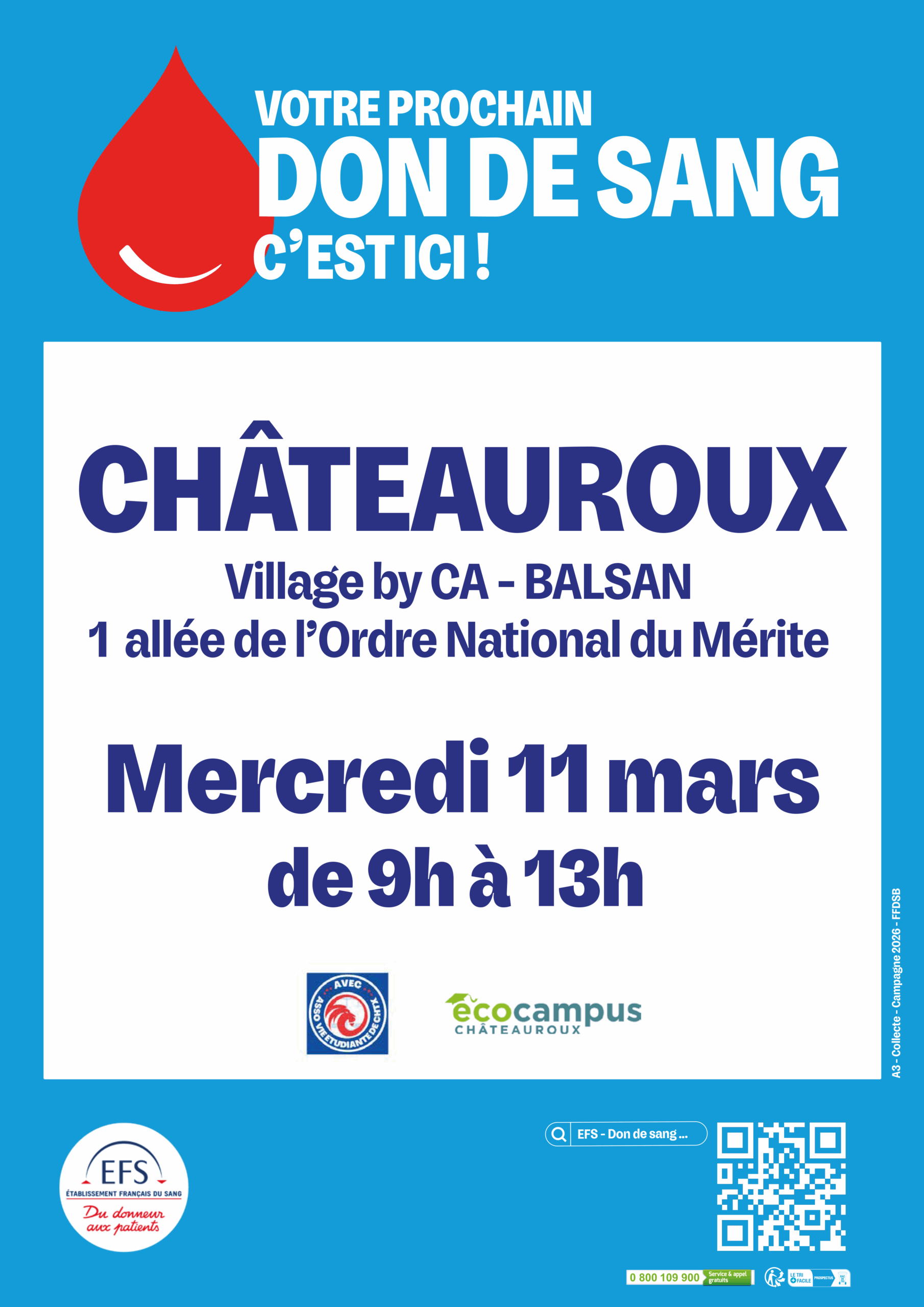 la prochaine collecte de sang à Châteauroux le 11 mars 2026.